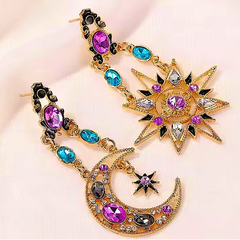 Celestial Moon Star Gold Plated Dangle Earrings Statement accent Stones - Picture 3 of 14